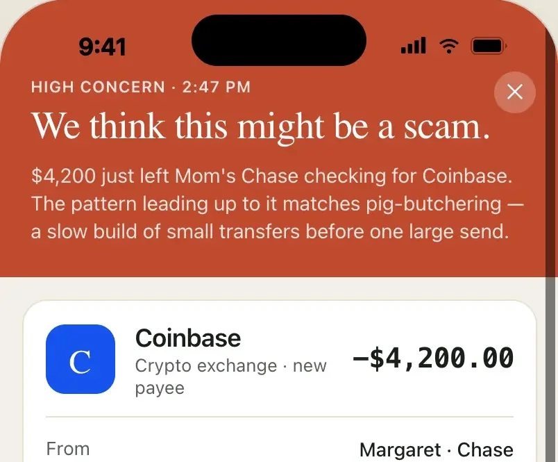 ScamWatch high-concern alert flagging a suspicious transfer